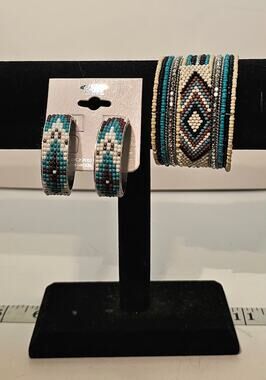 Icon Collection Southwestern Beaded Jewelry Set Hoop Earrings & Wide Cuff